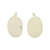 A natural exfoliating shower sponge in an oval shape, featuring a textured side and a smooth side, mostly cream in colour.