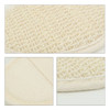 A natural, cream-coloured cotton linen bath sponge pad with a textured surface and soft edges, featuring a branding logo.