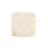 An acetate vanity mirror with a square shape in a pearlescent white finish, featuring a small circular hole and branding.