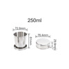 A compact stainless steel folding cup with a silver finish, measuring 250ml, alongside its matching lid.