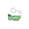 A floating keychain in green and white featuring a logo with the words "Organic Food" and an attached white cord.