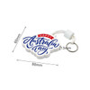A white custom EVA floating keychain featuring blue lettering and a decorative design, complete with a keyring attachment.