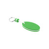 A green EVA floating keychain with white stripes and a silver ring attached by a white cord.