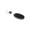 A black EVA floating keychain with white stripes and a looped rope attachment, featuring a silver metal keyring.