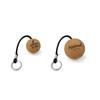 A cork ball keyring in a light brown shade, featuring a keychain attachment and a black cord.