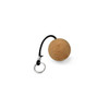 A cork ball keyring with a black cord and metal keyring attachment, featuring a natural cork texture.