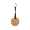 A round cork keyring featuring a natural cork finish and attached to a black cord and metal keyring.