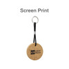 A round cork keyring with a textured surface, silver metal attachment, and black cord. It has a logo on it.