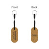 A cork keyring in an oval shape with a black cord and metal ring, featuring logos on both sides.