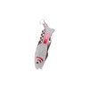 A silver and pink fish-shaped multitool with a keyring attachment, featuring various tools and a logo.