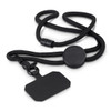 A black Roam Phone Lanyard with a detachable hook and a flat tag for identification or accessories.