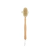 A detachable shower brush with a long wooden handle and a textured bristle head. It features a hanging loop.