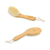 A wooden dry brushing body brush with natural bristles and a rope for hanging, featuring a light brown finish.