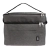A grey zippered bag with a handle, featuring a front pocket and a logo on the side.