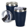 A drink bottle in navy blue with a stainless steel rim and a transparent lid, featuring a logo.