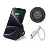 A black magnetic phone and watch charger with stand, featuring a silver ring and a phone displaying a charging status.