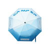 An anti-rebound folding umbrella in shades of blue with a logo and a curved design.