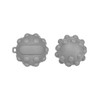 A grey popper ball featuring a textured surface with raised bumps and a flat panel on one side. It has a logo.