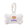 A white, bone-shaped dog waste bag holder featuring a logo and a clip for easy attachment.