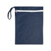 A navy blue fabric bag with a white zip closure and a handle on the side. It has a logo on the front.