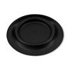 A black pet bowl with a rounded shape and raised edge, featuring a smooth surface. Includes a logo.