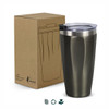 A drink bottle in a sleek dark grey colour, alongside its eco-friendly packaging and a clear lid.