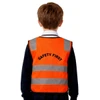 A kid's hi-vis reflective safety vest in bright orange with reflective stripes and a logo on the back.