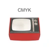 A retro TV-style gift box in red with a mirrored screen and a vintage control panel design. It features a logo.