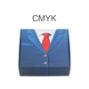 A custom gift box featuring a blue suit design with a red tie and buttons, including a square window.