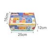 A custom multi-compartment blind box in vibrant colours with various fun emoji designs, featuring a logo on its side.