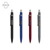 A collection of four metal ballpoint pens in black, blue, maroon, and grey, featuring a logo and NFC technology.