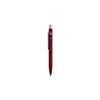 A burgundy metal ballpoint pen with a silver clip and a logo on the barrel.