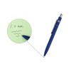 A blue NFC metal ballpoint pen with a silver clip, resting next to a notepad with handwritten notes.