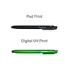 A black and a green ballpoint pen, featuring a logo, showcasing different printing techniques.