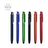A collection of six stylus ballpoint pens in blue, green, black, red, and orange, with various branding and an NFC feature.