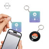 An NFC acrylic keychain featuring a music player design in gradient colours, attached to a hand.