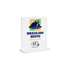 A white acrylic menu stand featuring a logo and a graphic for NFC interaction, with colourful background patterns.