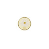 A round pin badge featuring a white daisy design with a gold outline and a yellow centre. The badge has a logo.
