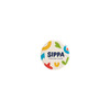 A round sticker featuring a colourful design with blues, reds, yellows, and greens, displaying "SIPPA COFFEE SHOP."