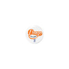 A circular NFC doming epoxy sticker featuring a white background and orange text with a logo.