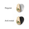 Two NFC doming epoxy stickers in circular shape: one with a silver finish and the other in black, featuring adhesive backing.