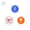 Three square stickers featuring circular designs in blue, red, and orange, with logos and NFC symbols.