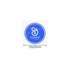 A round blue sticker featuring a logo, measuring 25mm in diameter, with white design elements.