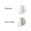 Two paper stickers displayed side by side: one labelled "Regular" with a smooth white finish, the other labelled "Anti-metal" with a textured, beige surface.