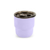 A purple 220ml double wall stainless steel camping mug with a black lid and a handle; features a branding logo.