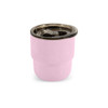 A pink double wall stainless steel camping mug with a dark lid. It features a rounded bottom and a sleek design.