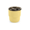 A camping mug in a soft yellow shade with a stainless steel double wall and a lid. It features a logo.