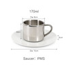A stainless steel coffee mug with a mirror finish, accompanied by a white saucer. Features dimensions and a handle.