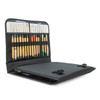 A black pen folder featuring various writing instruments and compartments for storing documents and notes.