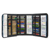 A pen folder in black containing multiple pens and writing instruments arranged in compartments.